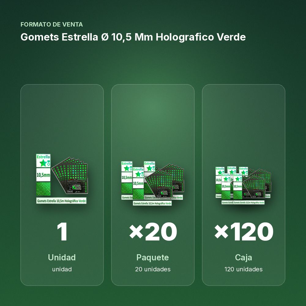 GOMETS ESTRELLA Ø 10,5 MM HOLOGRAFICO VERDE - formato de venta: paquete de 20, caja de 120