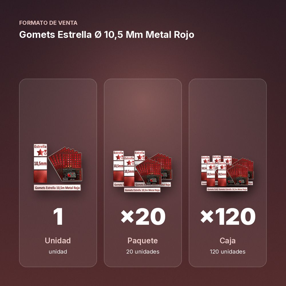 GOMETS ESTRELLA Ø 10,5 MM METAL ROJO - formato de venta: paquete de 20, caja de 120