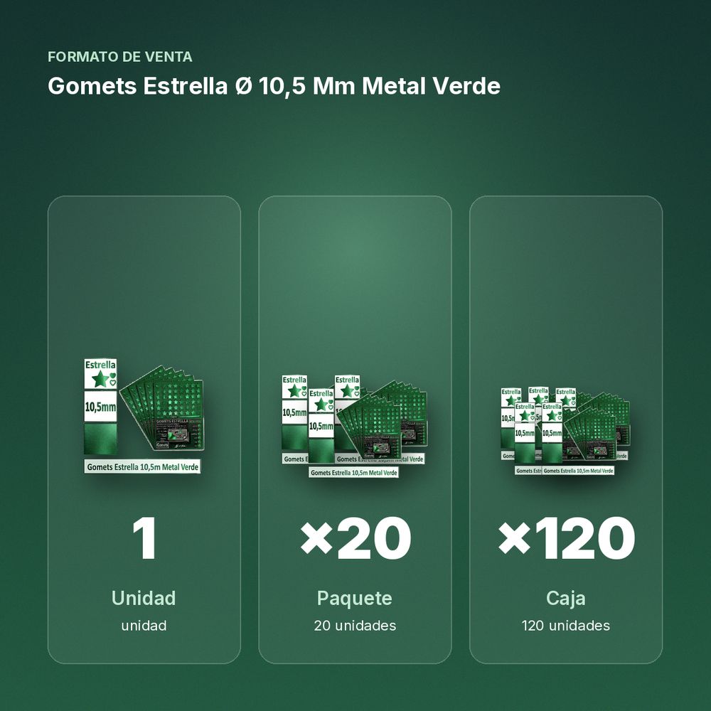 GOMETS ESTRELLA Ø 10,5 MM METAL VERDE - formato de venta: paquete de 20, caja de 120