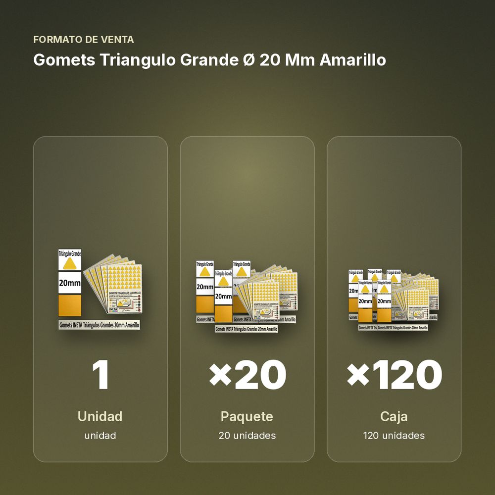 GOMETS TRIANGULO GRANDE Ø 20 MM AMARILLO - formato de venta: paquete de 20, caja de 120