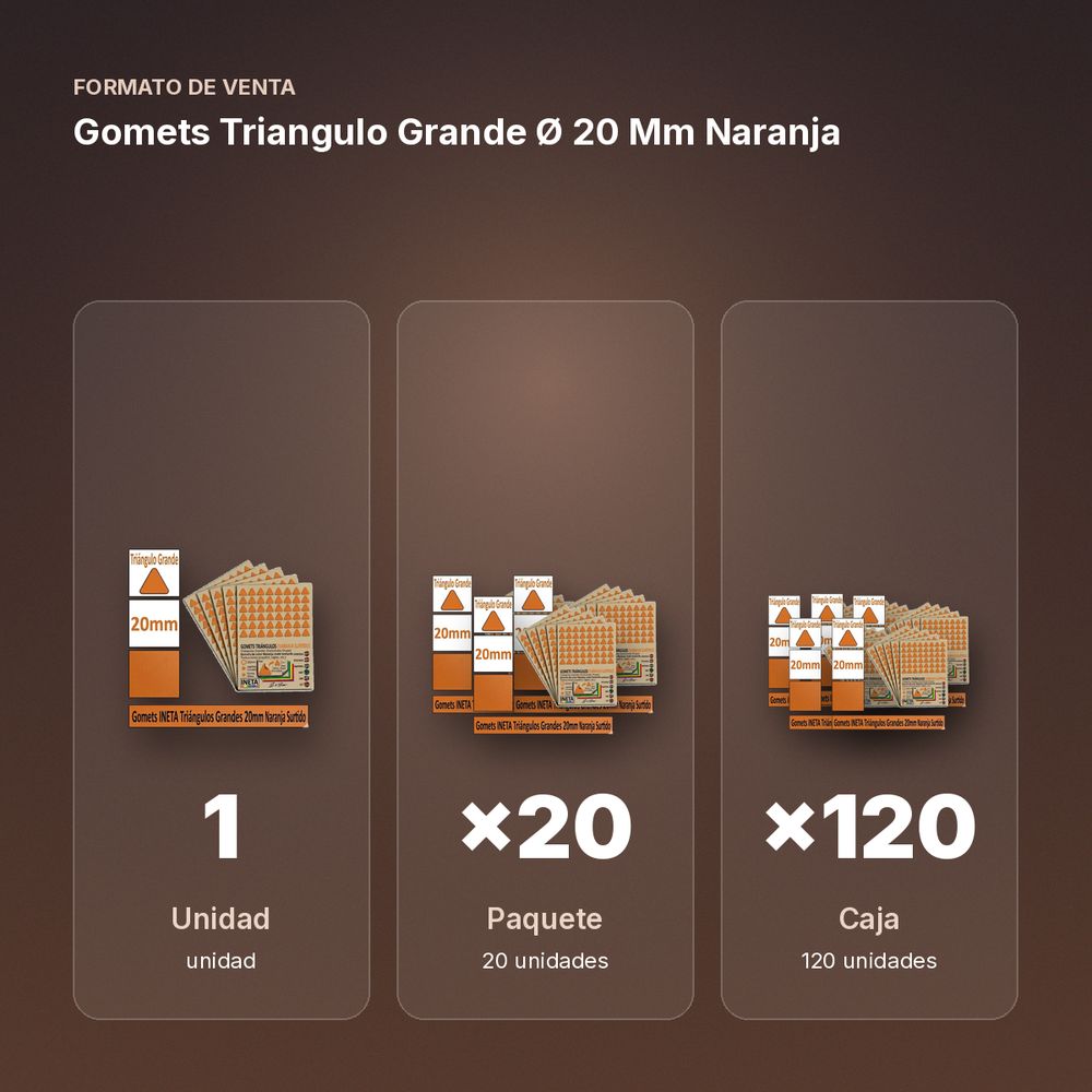 GOMETS TRIANGULO GRANDE Ø 20 MM NARANJA - formato de venta: paquete de 20, caja de 120