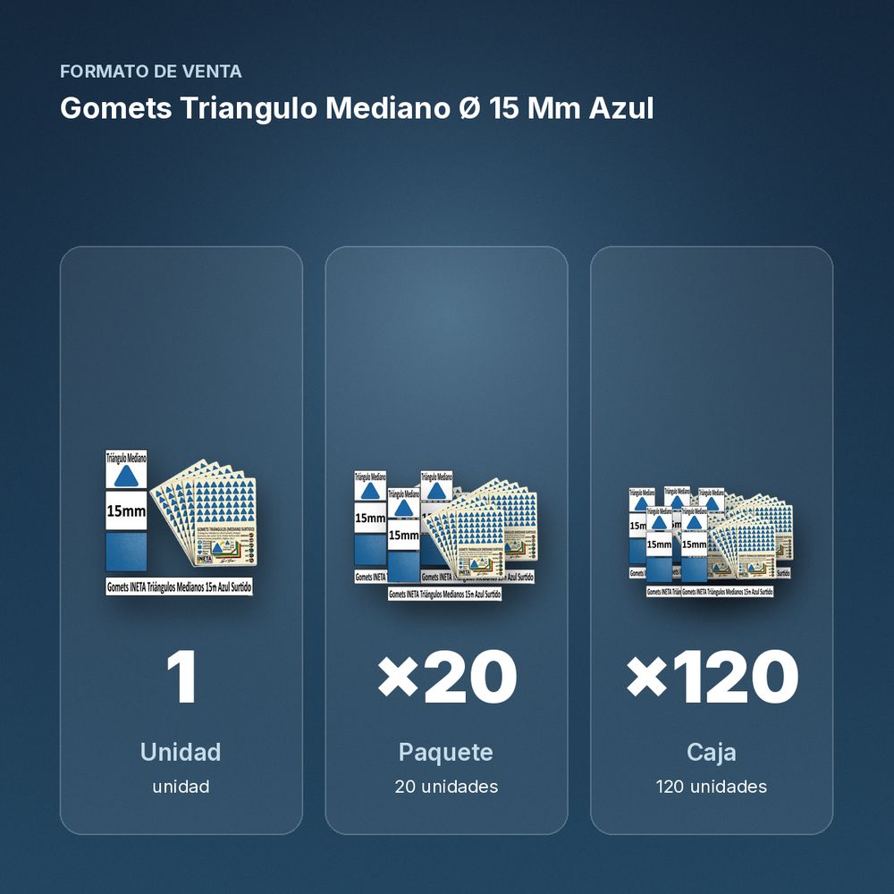 GOMETS TRIANGULO MEDIANO Ø 15 MM AZUL - formato de venta: paquete de 20, caja de 120
