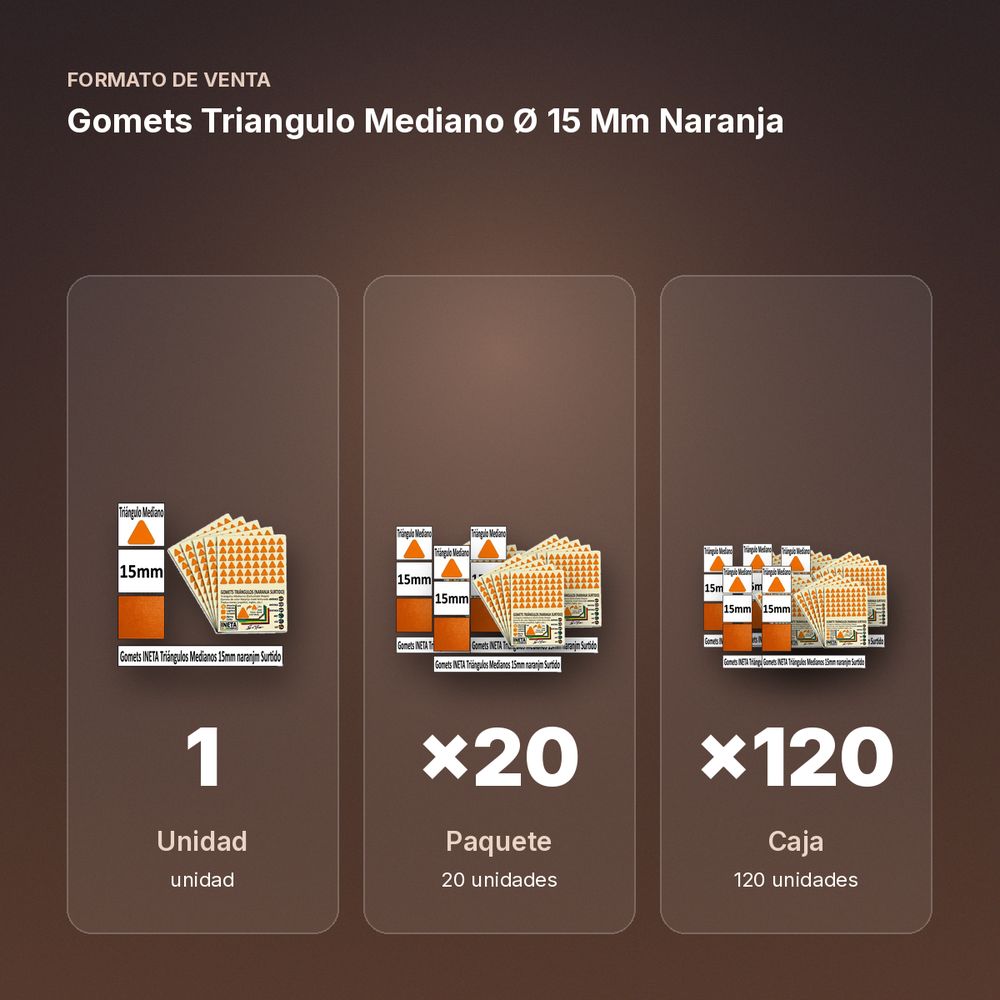 GOMETS TRIANGULO MEDIANO Ø 15 MM NARANJA - formato de venta: paquete de 20, caja de 120
