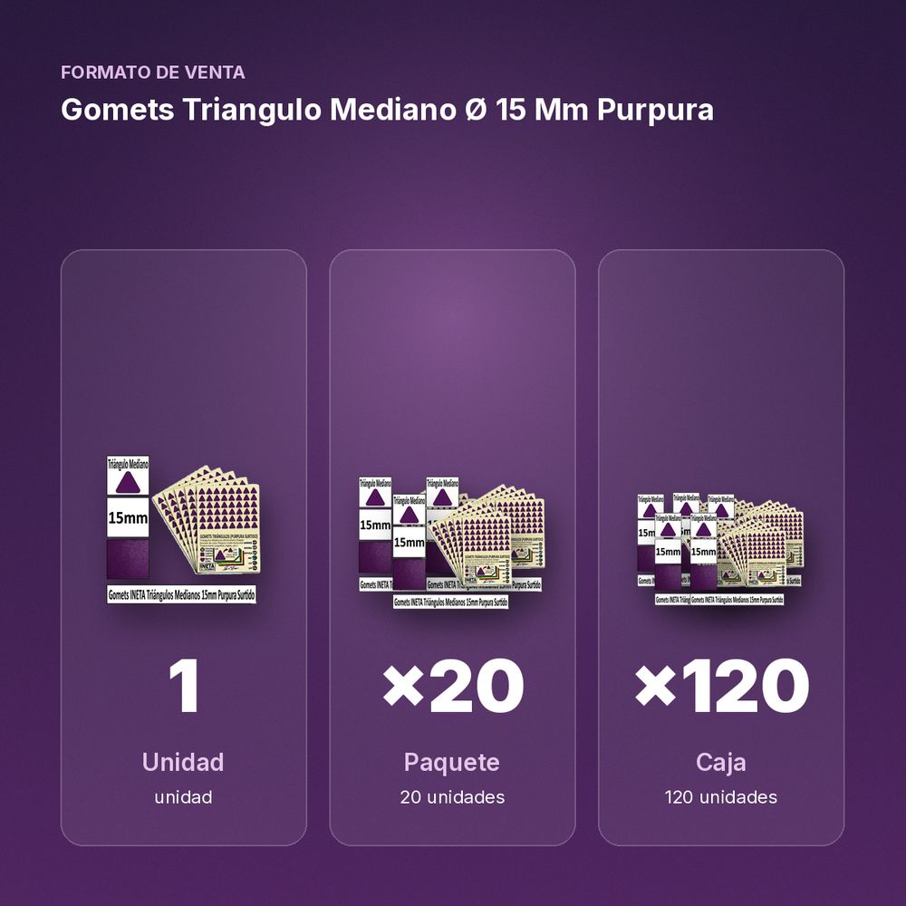 GOMETS TRIANGULO MEDIANO Ø 15 MM PURPURA - formato de venta: paquete de 20, caja de 120
