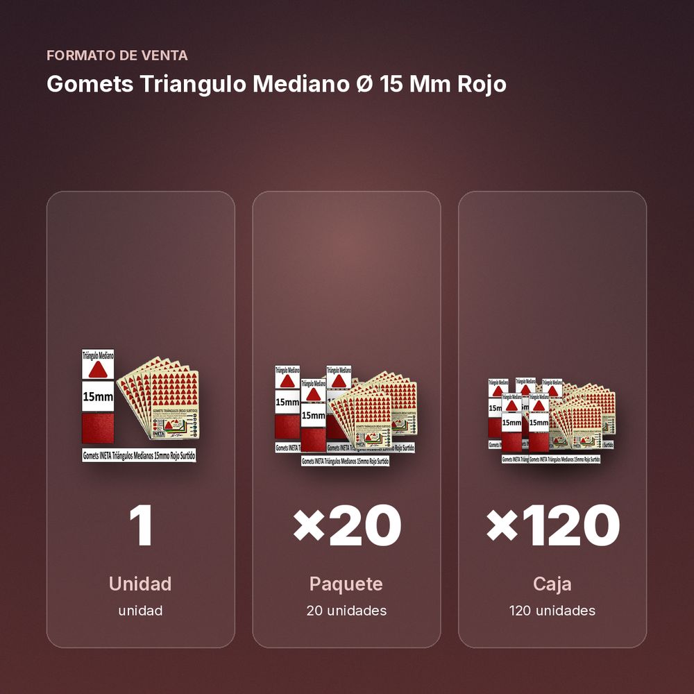 GOMETS TRIANGULO MEDIANO Ø 15 MM ROJO - formato de venta: paquete de 20, caja de 120