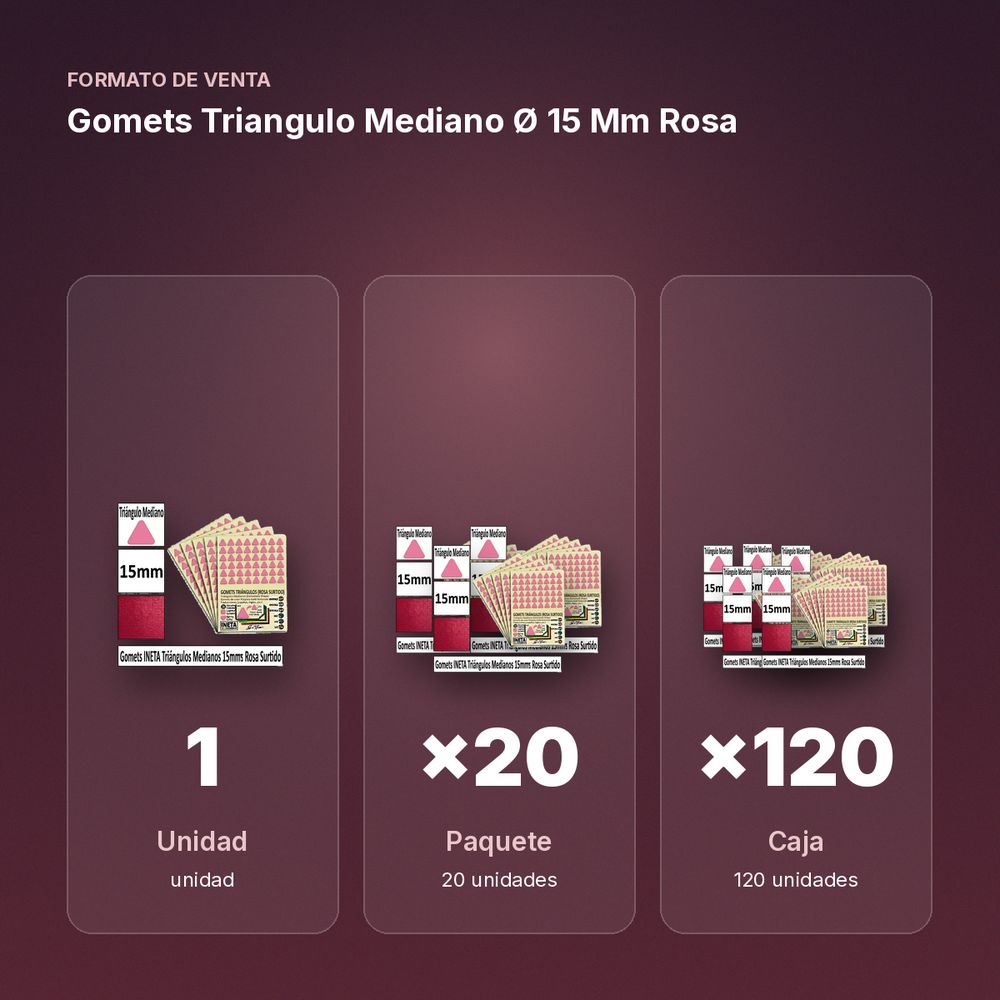 GOMETS TRIANGULO MEDIANO Ø 15 MM ROSA - formato de venta: paquete de 20, caja de 120
