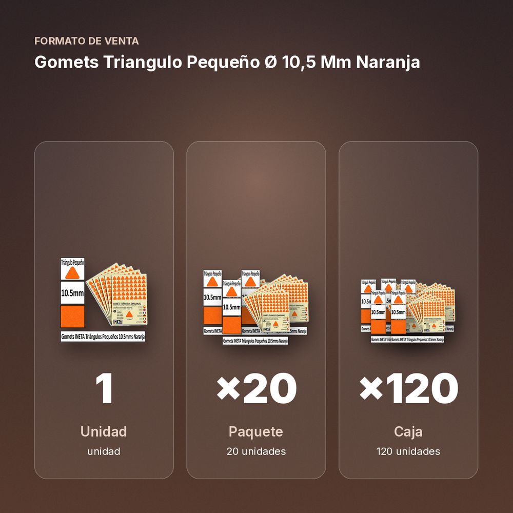 GOMETS TRIANGULO PEQUEÑO Ø 10,5 MM NARANJA - formato de venta: paquete de 20, caja de 120