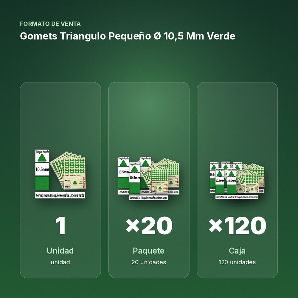 GOMETS TRIANGULO PEQUEÑO Ø 10,5 MM VERDE - formato de venta: paquete de 20, caja de 120