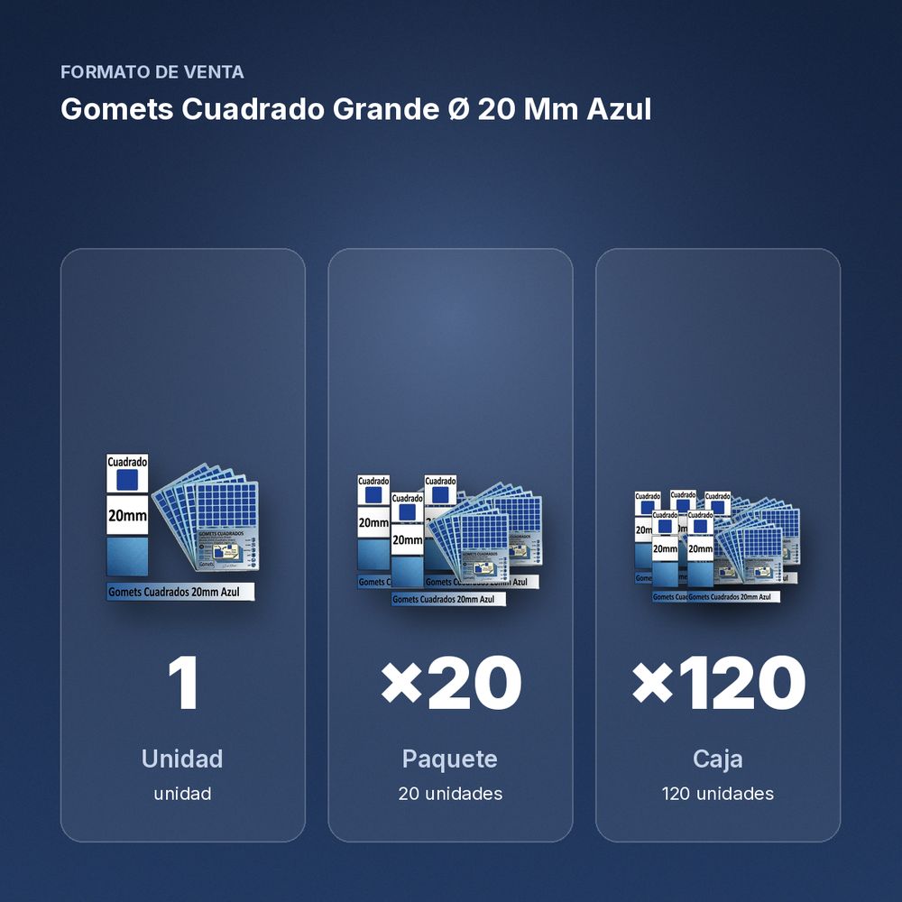 GOMETS CUADRADO GRANDE Ø 20 MM AZUL - formato de venta: paquete de 20, caja de 120