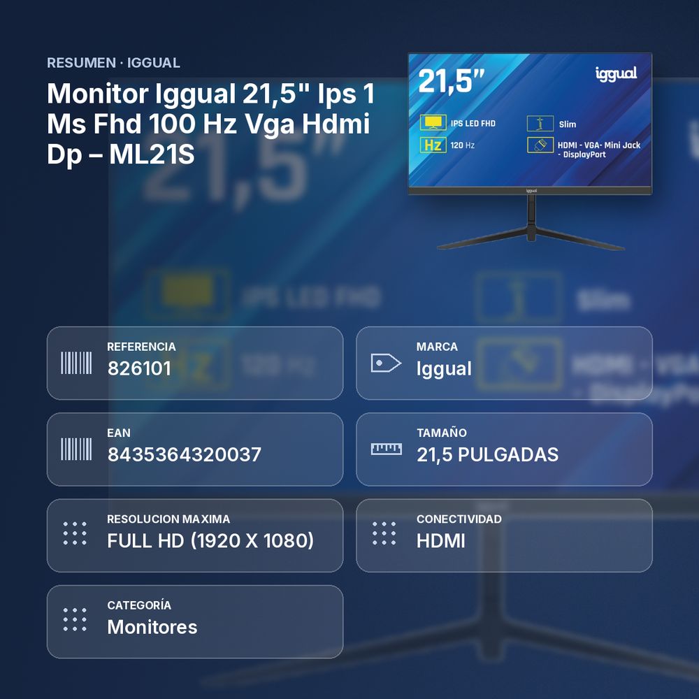 MONITOR IGGUAL 21,5" IPS 1 MS FHD 100 HZ VGA HDMI DP – ML21S - resumen de atributos