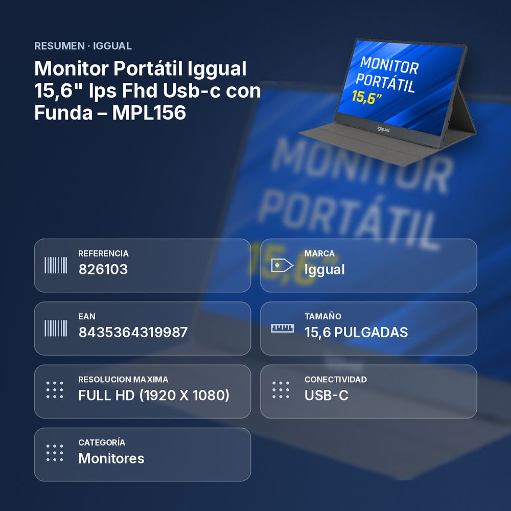 MONITOR PORTÁTIL IGGUAL 15,6" IPS FHD USB-C CON FUNDA – MPL156 - resumen de atributos