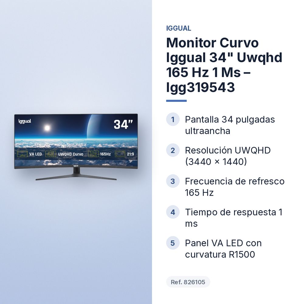 MONITOR CURVO IGGUAL 34" UWQHD 165 HZ 1 MS – IGG319543 - características principales