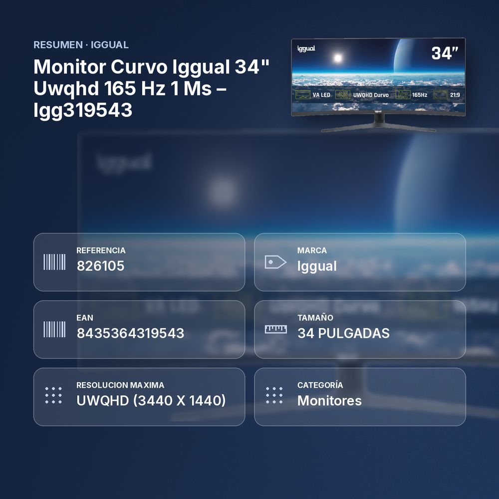 MONITOR CURVO IGGUAL 34" UWQHD 165 HZ 1 MS – IGG319543 - resumen de atributos