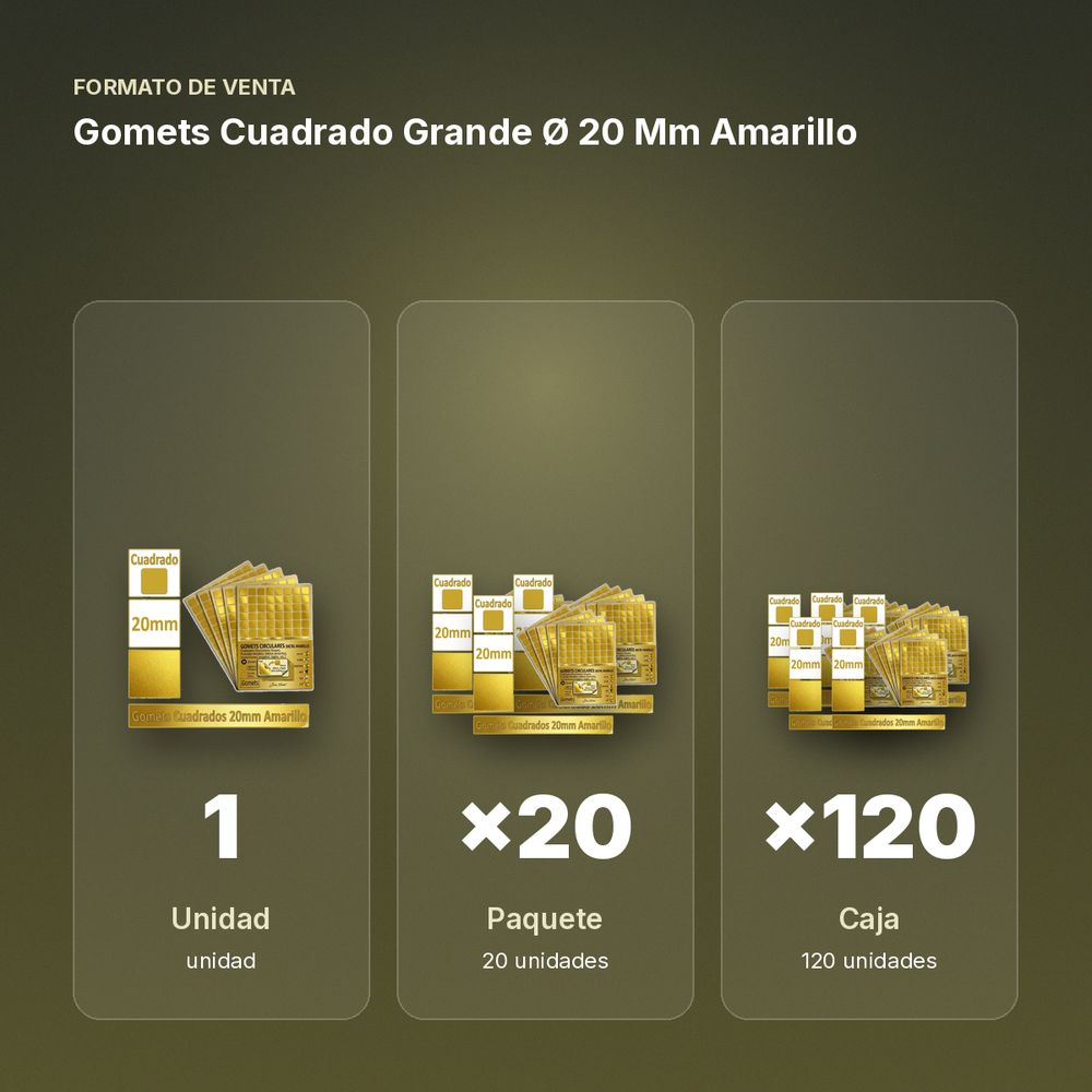 GOMETS CUADRADO GRANDE Ø 20 MM AMARILLO - formato de venta: paquete de 20, caja de 120