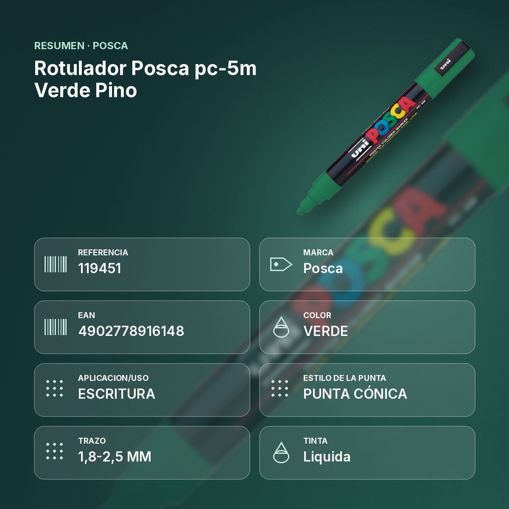 ROTULADOR POSCA PC-5M VERDE PINO - resumen de atributos