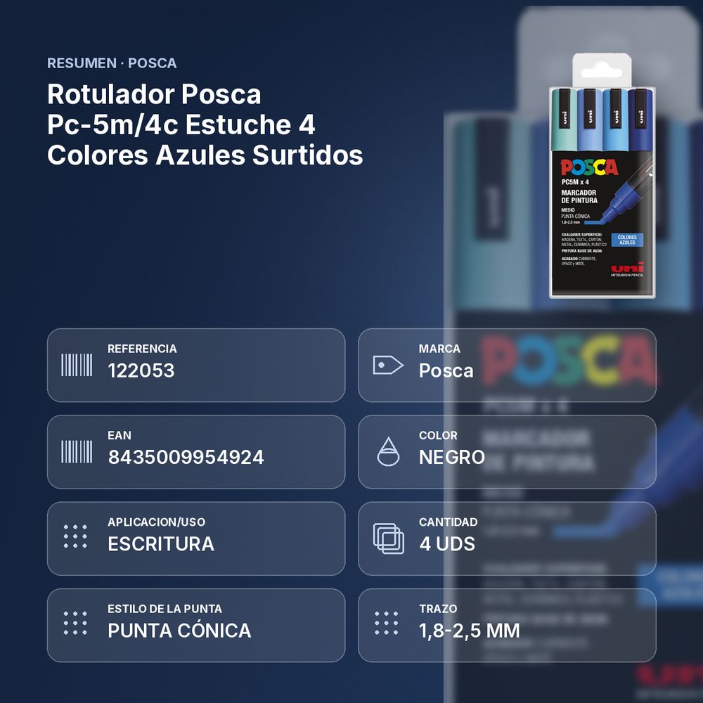 ROTULADOR POSCA PC-5M/4C ESTUCHE 4 COLORES AZULES SURTIDOS - resumen de atributos