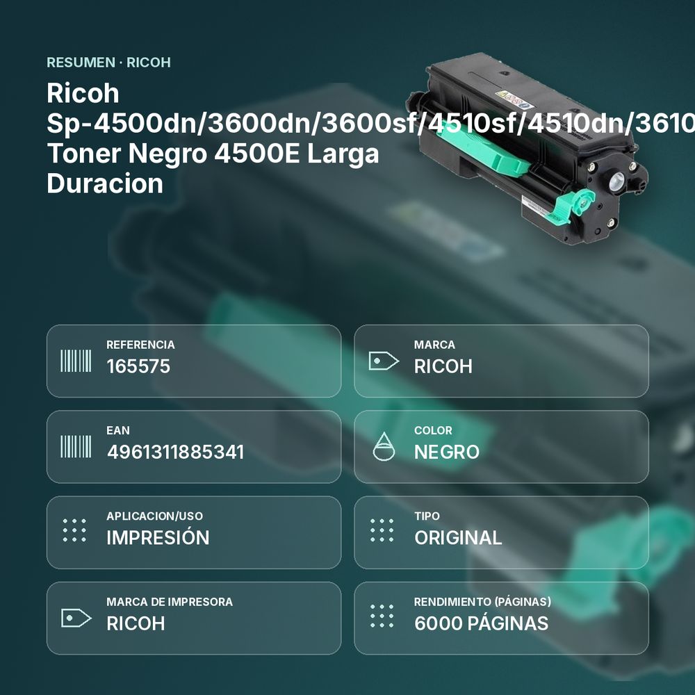 RICOH SP-4500DN/3600DN/3600SF/4510SF/4510DN/3610SF TONER NEGRO 4500E LARGA DURACION - resumen de atributos