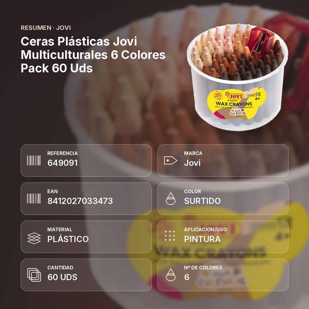 CERAS PLÁSTICAS JOVI MULTICULTURALES 6 COLORES PACK 60 UDS - resumen de atributos