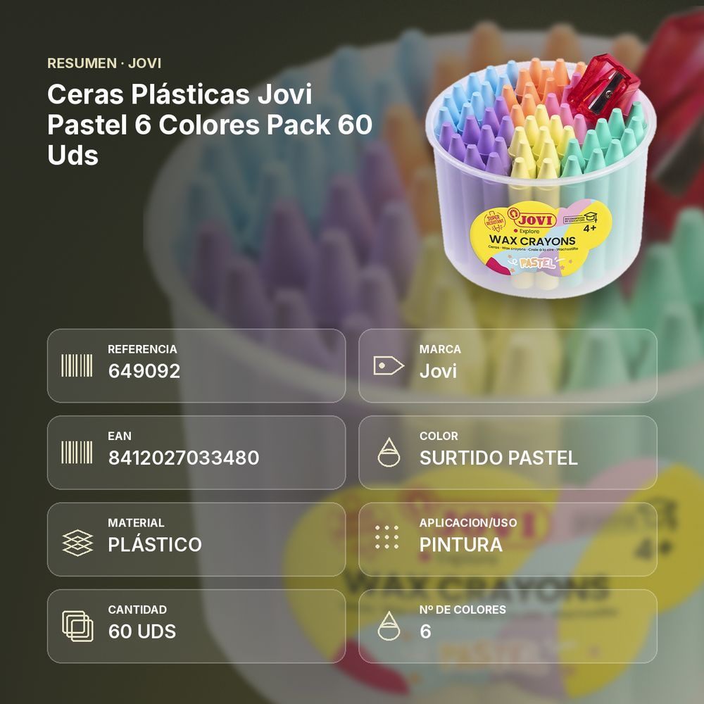 CERAS PLÁSTICAS JOVI PASTEL 6 COLORES PACK 60 UDS - resumen de atributos
