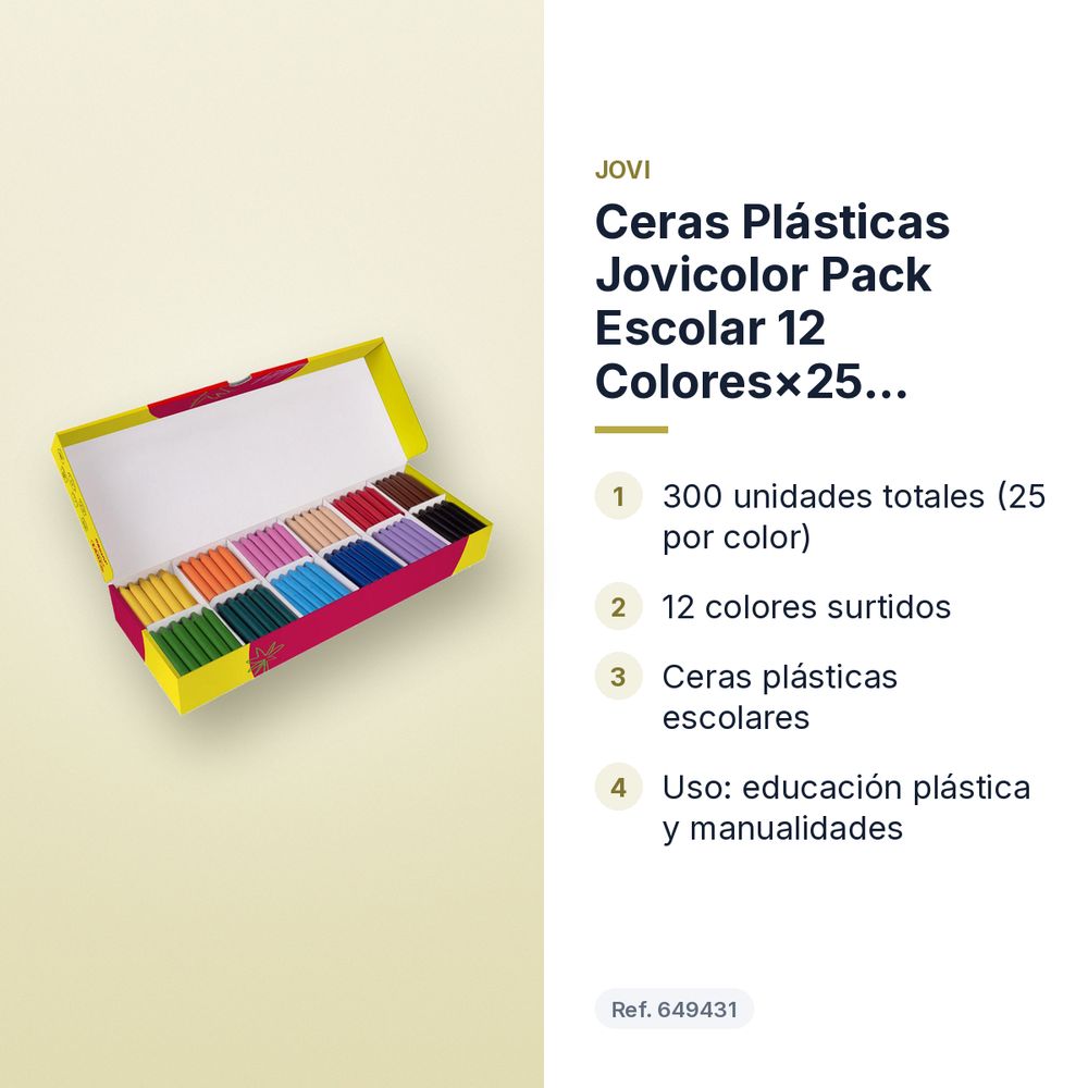 CERAS PLÁSTICAS JOVICOLOR PACK ESCOLAR 12 COLORES×25  300UDS - características principales