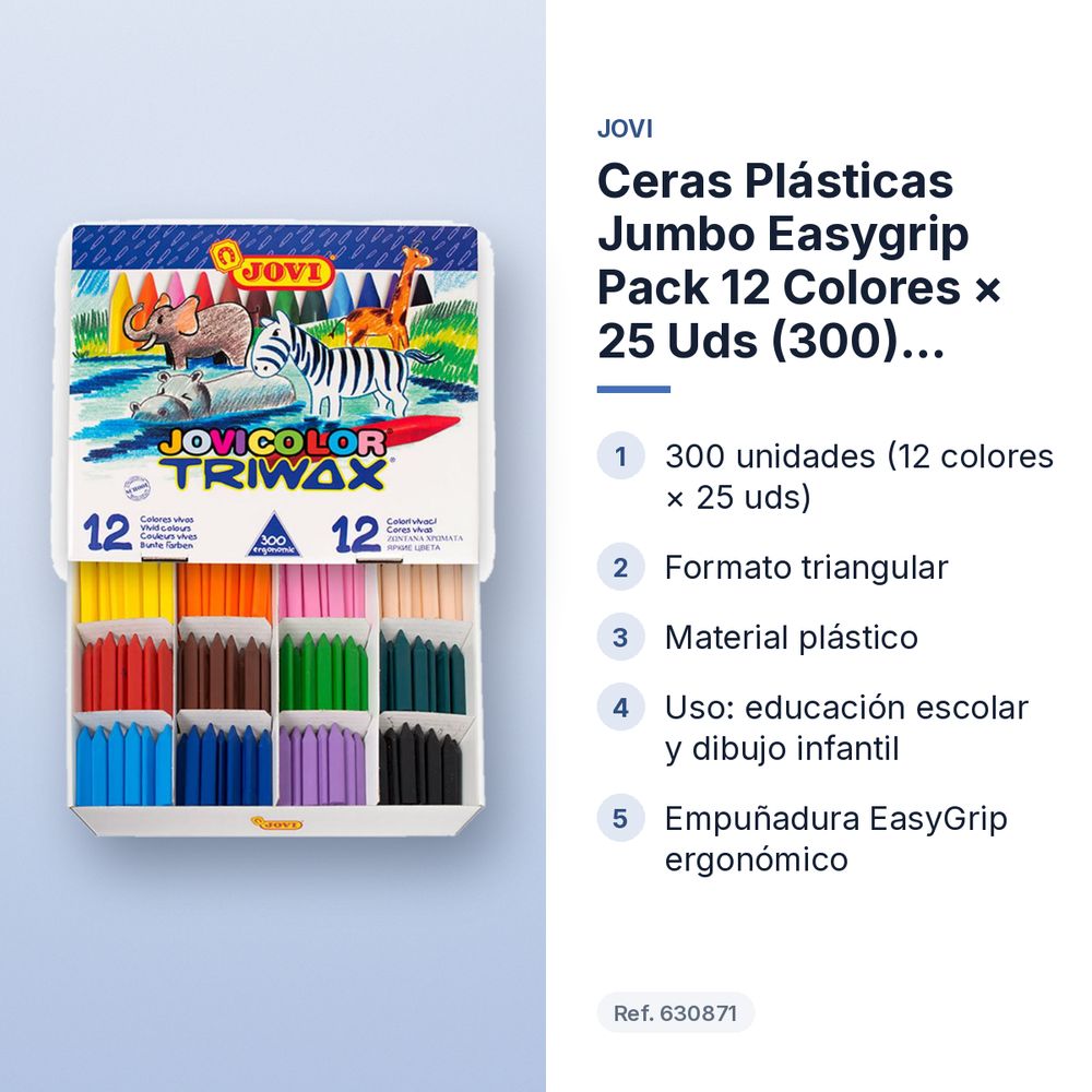 CERAS PLÁSTICAS JUMBO EASYGRIP PACK 12 COLORES × 25 UDS (300) TRIANGULARES - características principales