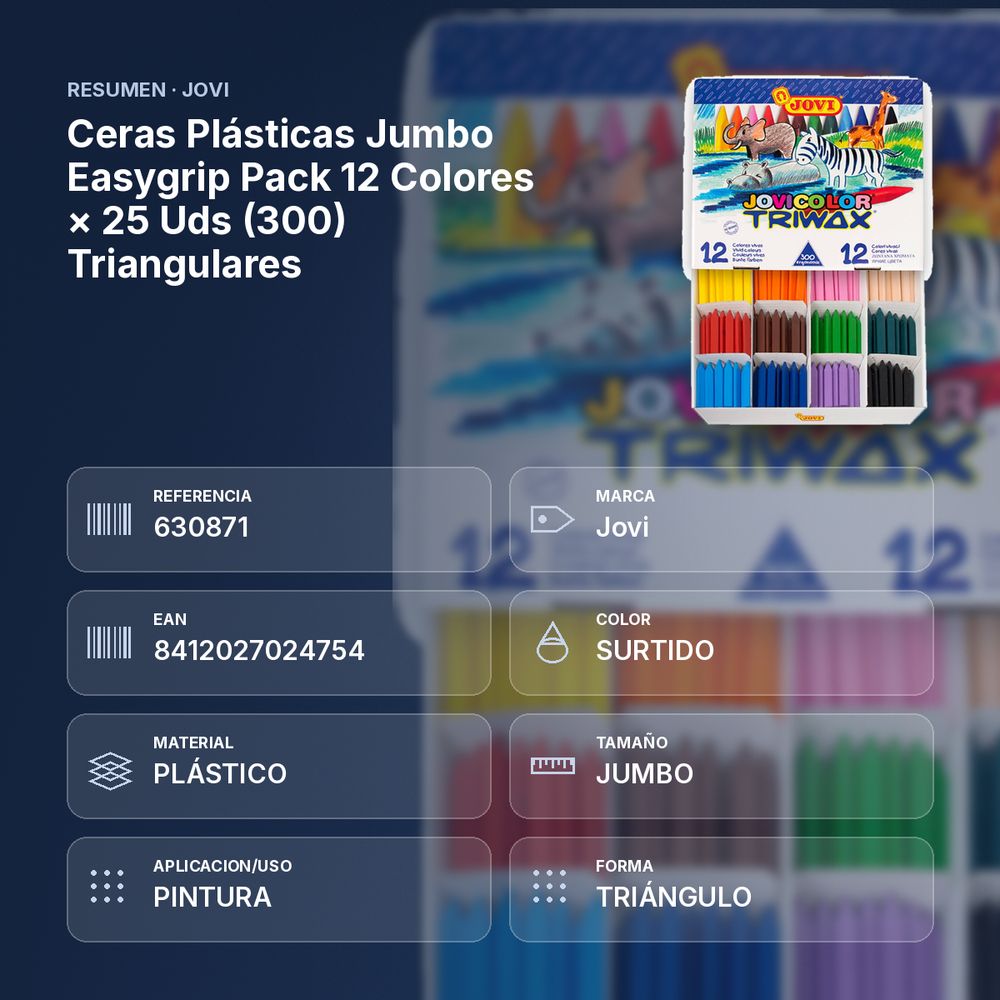 CERAS PLÁSTICAS JUMBO EASYGRIP PACK 12 COLORES × 25 UDS (300) TRIANGULARES - resumen de atributos