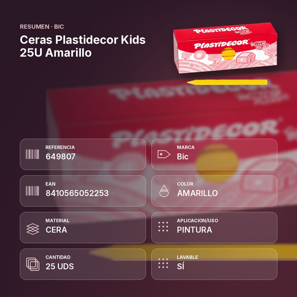 CERAS PLASTIDECOR KIDS 25U AMARILLO - resumen de atributos