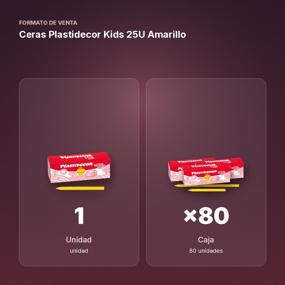 CERAS PLASTIDECOR KIDS 25U AMARILLO - formato de venta: caja de 80