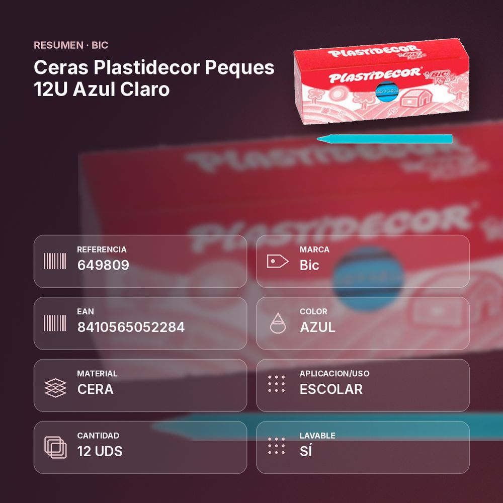 CERAS PLASTIDECOR PEQUES 12U AZUL CLARO - resumen de atributos