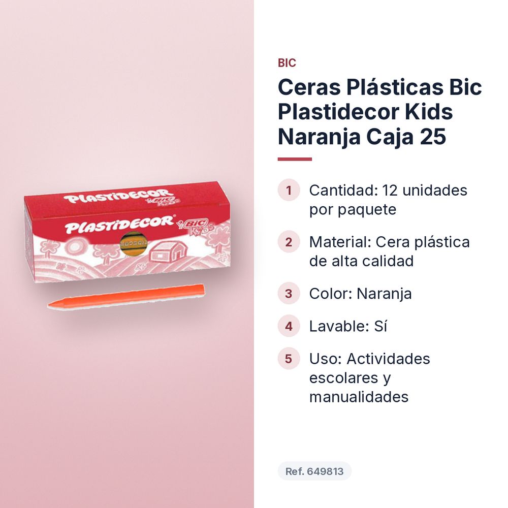 CERAS PLÁSTICAS BIC PLASTIDECOR KIDS NARANJA CAJA 25 - características principales
