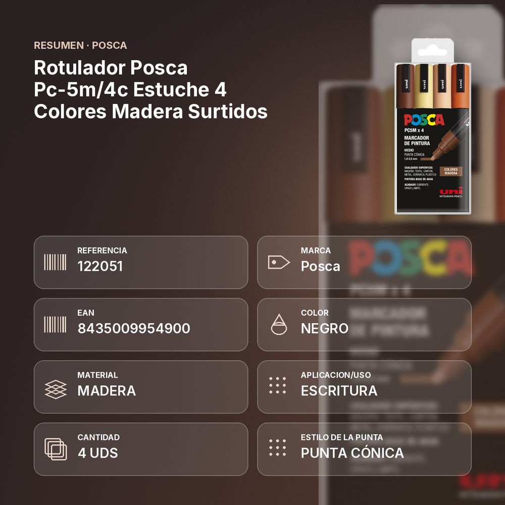 ROTULADOR POSCA PC-5M/4C ESTUCHE 4 COLORES MADERA SURTIDOS - resumen de atributos