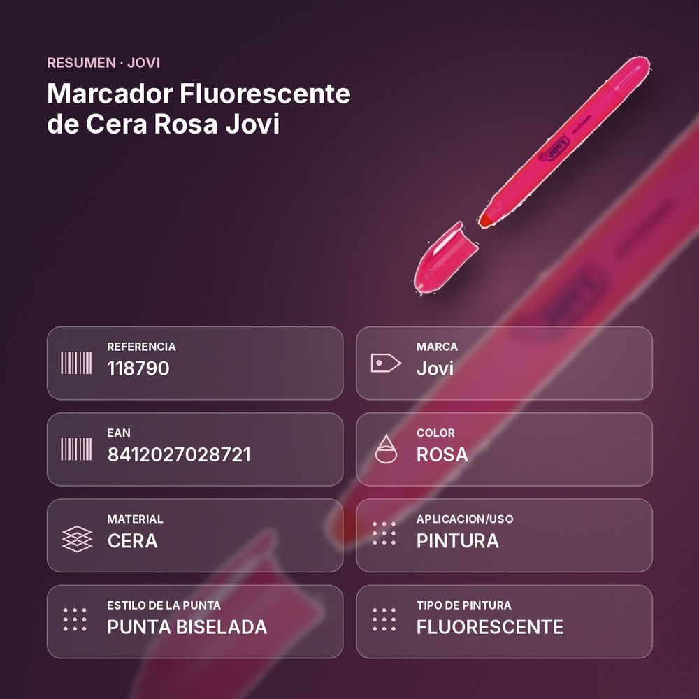 MARCADOR FLUORESCENTE DE CERA ROSA JOVI - resumen de atributos
