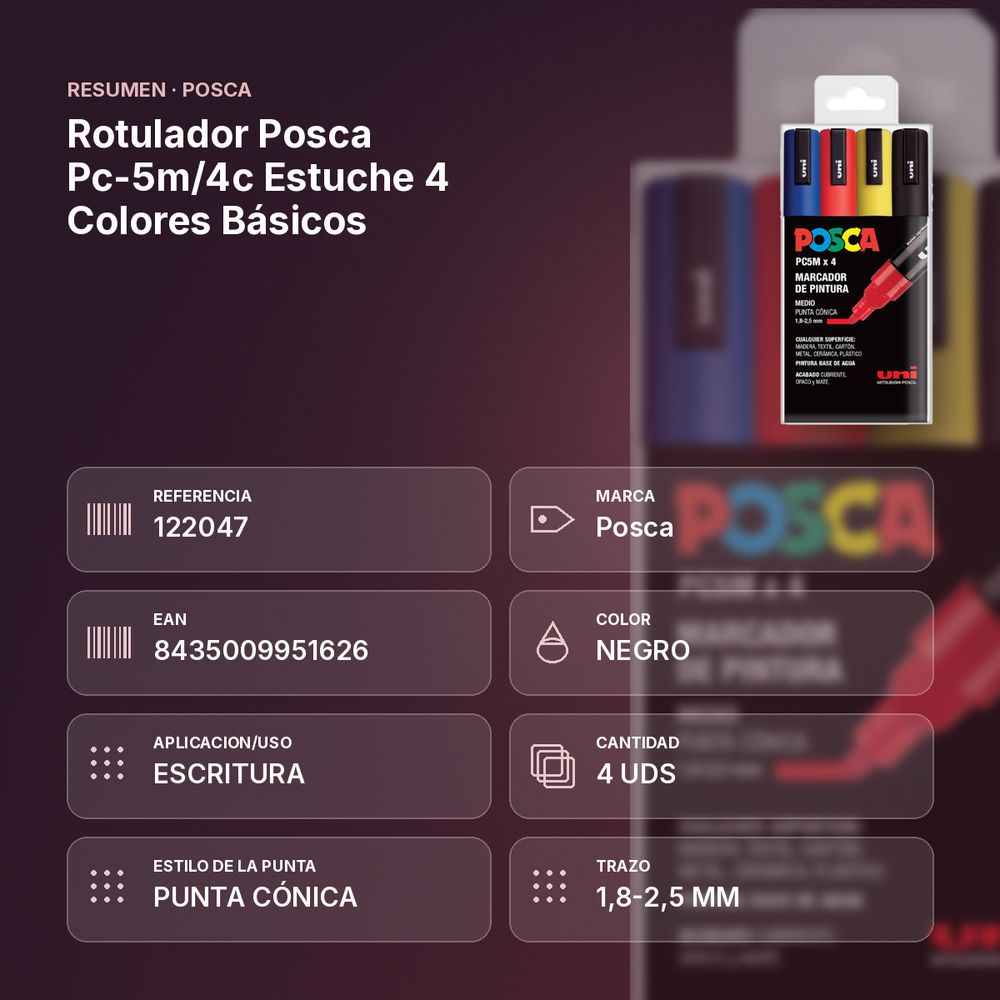 ROTULADOR POSCA PC-5M/4C ESTUCHE 4 COLORES BÁSICOS - resumen de atributos