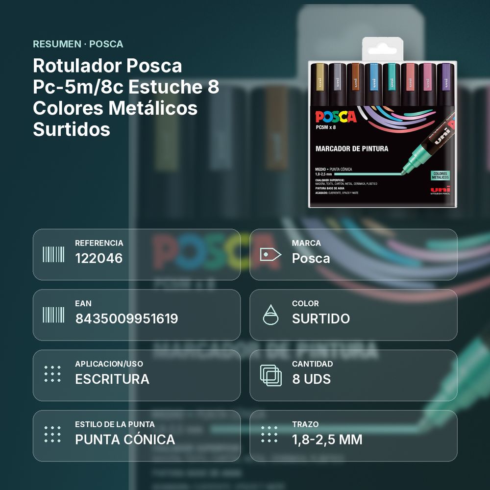 ROTULADOR POSCA PC-5M/8C ESTUCHE 8 COLORES METÁLICOS SURTIDOS - resumen de atributos