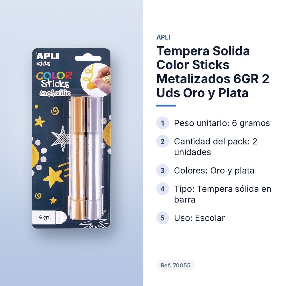TEMPERA SOLIDA COLOR STICKS METALIZADOS 6GR  2 UDS ORO Y PLATA - características principales