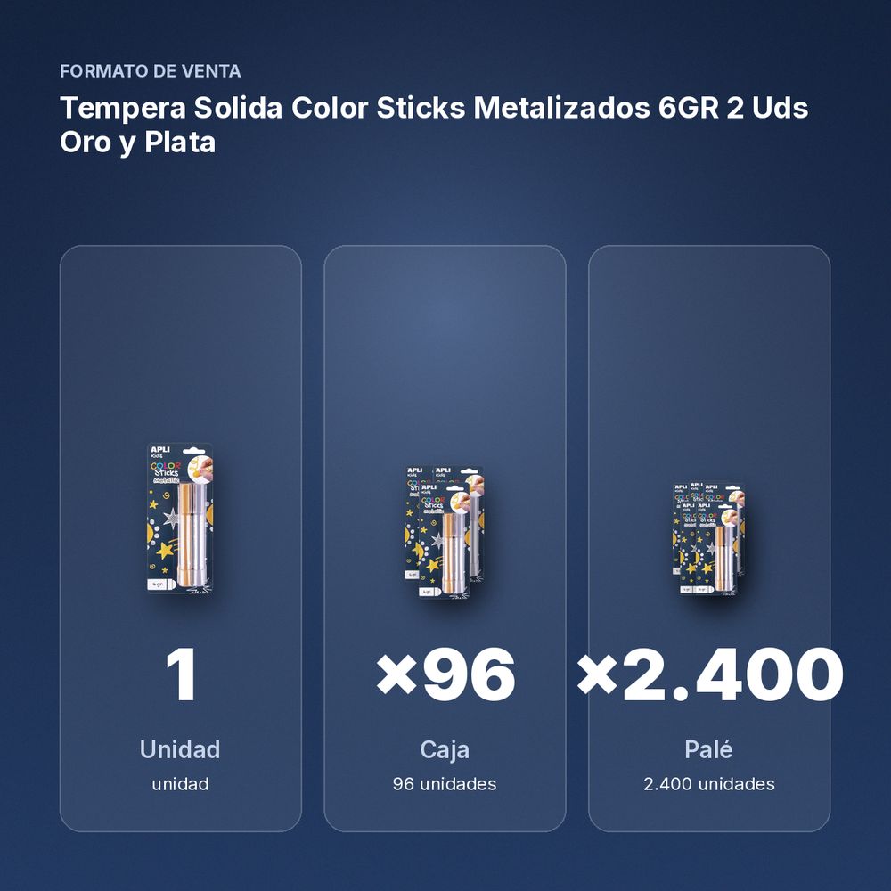 TEMPERA SOLIDA COLOR STICKS METALIZADOS 6GR  2 UDS ORO Y PLATA - formato de venta: caja de 96, palé de 2400