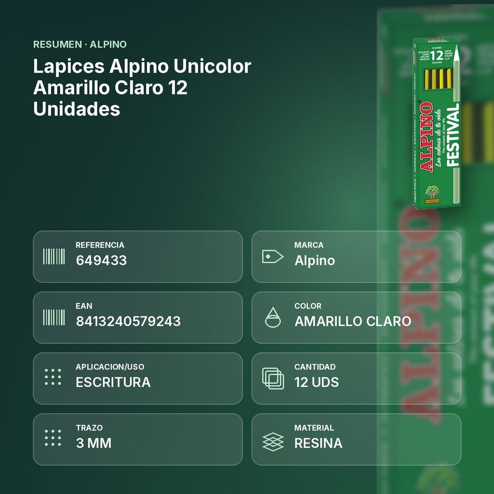 LAPICES ALPINO UNICOLOR AMARILLO CLARO 12 UNIDADES - resumen de atributos