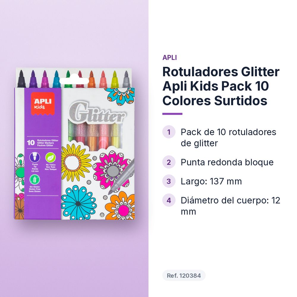 ROTULADORES GLITTER APLI KIDS PACK 10 COLORES SURTIDOS - características principales