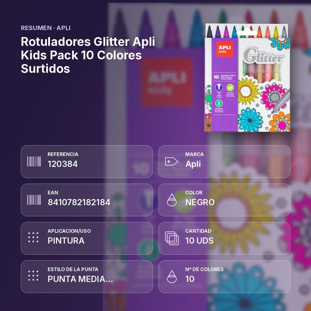 ROTULADORES GLITTER APLI KIDS PACK 10 COLORES SURTIDOS - resumen de atributos