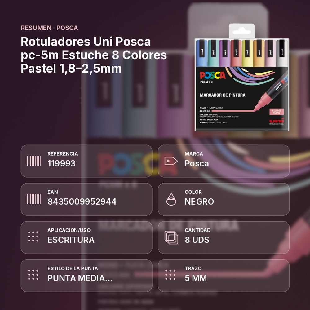 ROTULADORES UNI POSCA PC-5M ESTUCHE 8 COLORES PASTEL 1,8–2,5MM - resumen de atributos