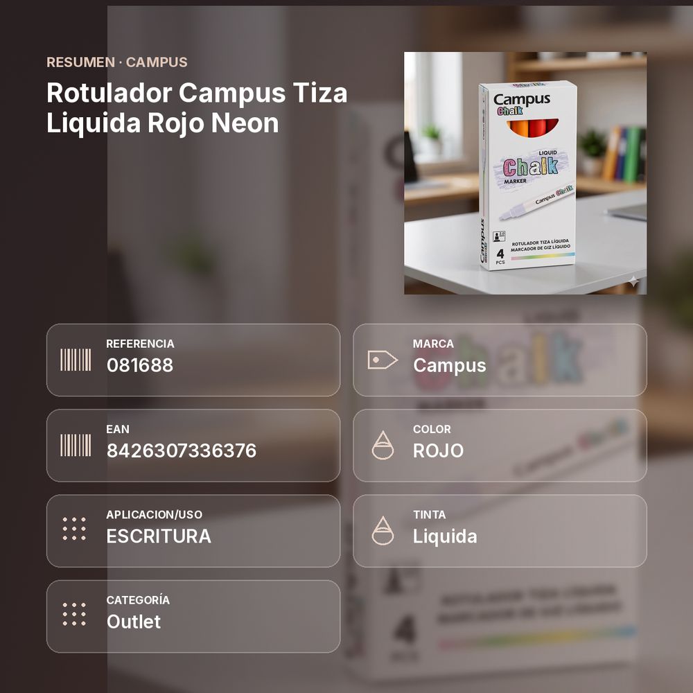 ROTULADOR CAMPUS TIZA LIQUIDA ROJO NEON - resumen de atributos