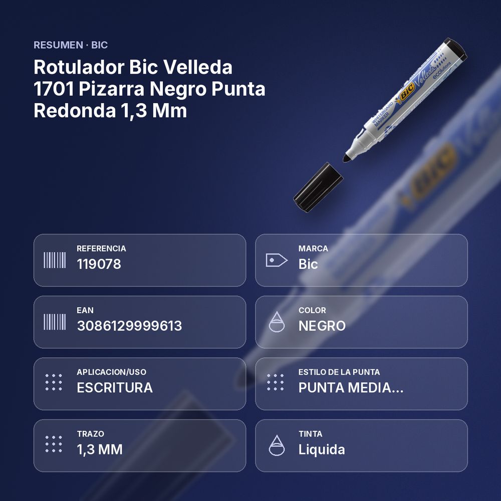 ROTULADOR BIC VELLEDA 1701 PIZARRA NEGRO PUNTA REDONDA 1,3 MM - resumen de atributos