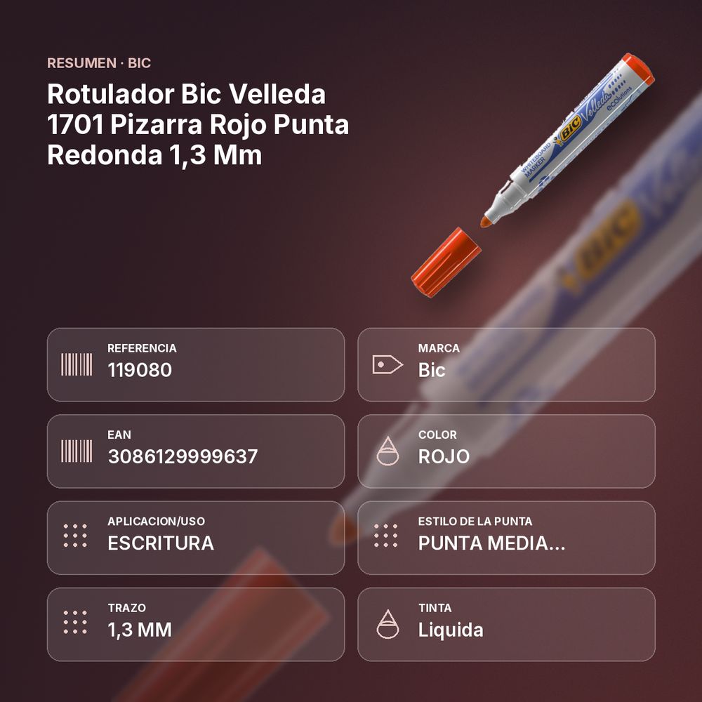 ROTULADOR BIC VELLEDA 1701 PIZARRA ROJO PUNTA REDONDA 1,3 MM - resumen de atributos