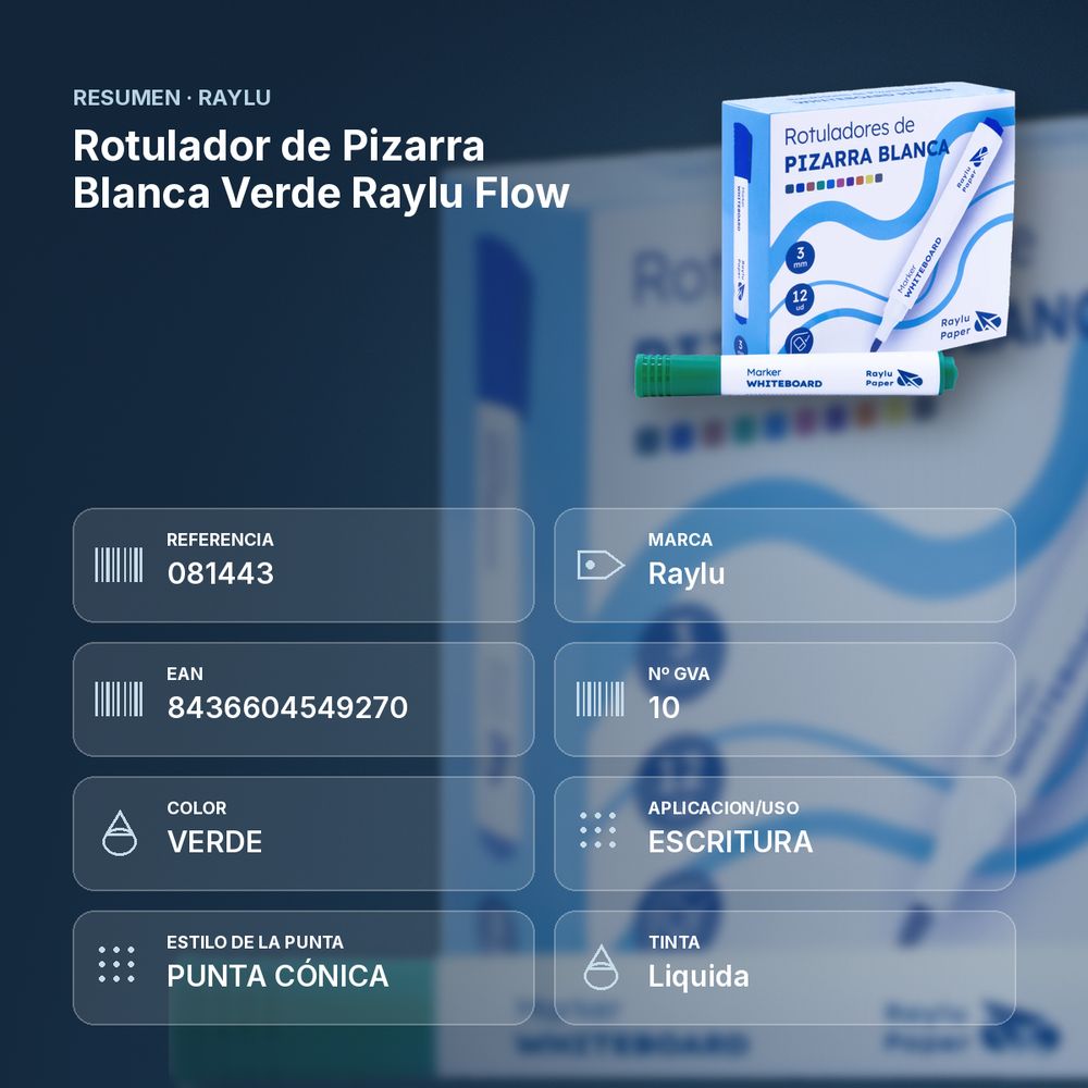 ROTULADOR DE PIZARRA BLANCA VERDE RAYLU FLOW  - resumen de atributos