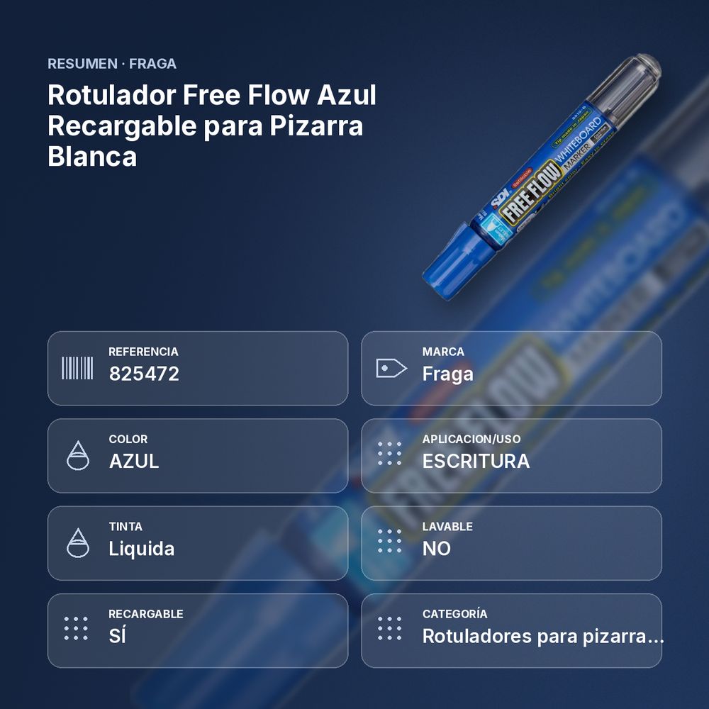 ROTULADOR FREE FLOW AZUL RECARGABLE PARA PIZARRA BLANCA - resumen de atributos