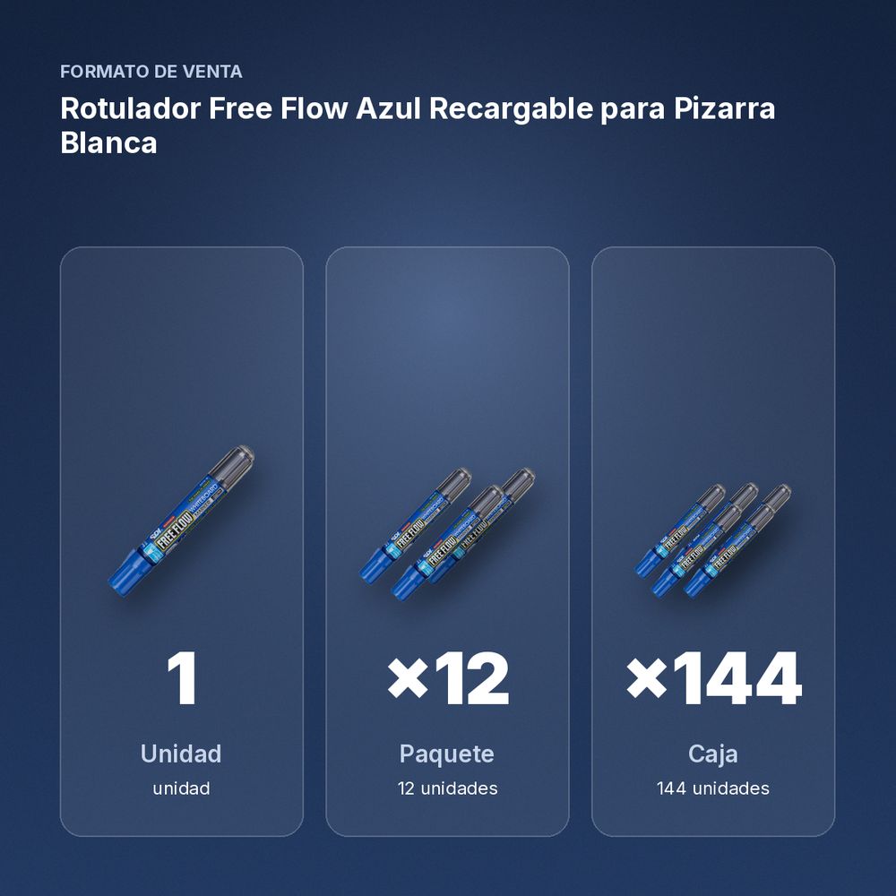 ROTULADOR FREE FLOW AZUL RECARGABLE PARA PIZARRA BLANCA - formato de venta: paquete de 12, caja de 144