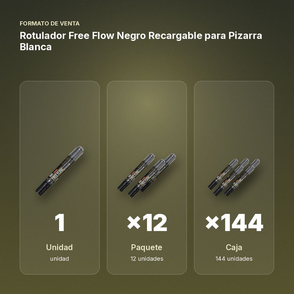 ROTULADOR FREE FLOW NEGRO RECARGABLE PARA PIZARRA BLANCA - formato de venta: paquete de 12, caja de 144