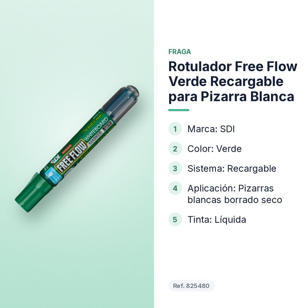 ROTULADOR FREE FLOW VERDE RECARGABLE PARA PIZARRA BLANCA - características principales