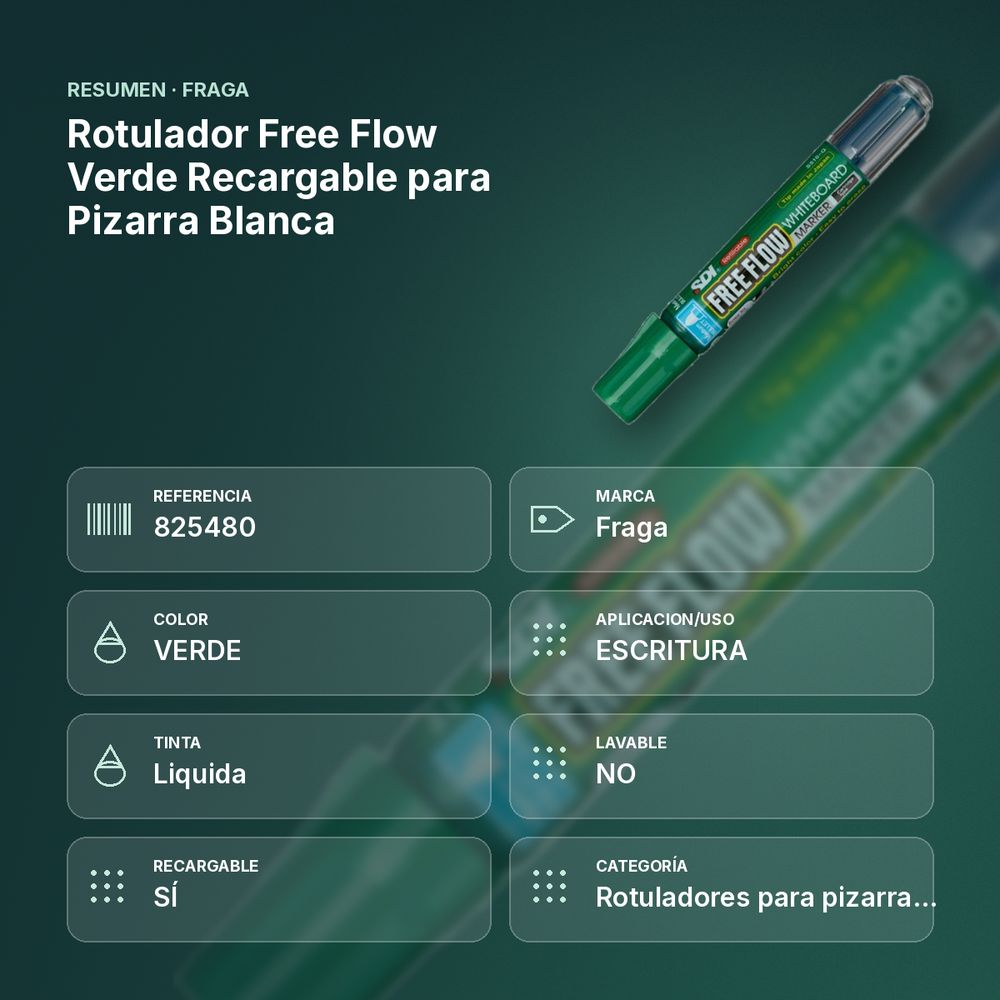 ROTULADOR FREE FLOW VERDE RECARGABLE PARA PIZARRA BLANCA - resumen de atributos
