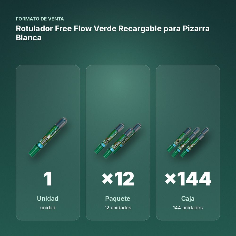 ROTULADOR FREE FLOW VERDE RECARGABLE PARA PIZARRA BLANCA - formato de venta: paquete de 12, caja de 144